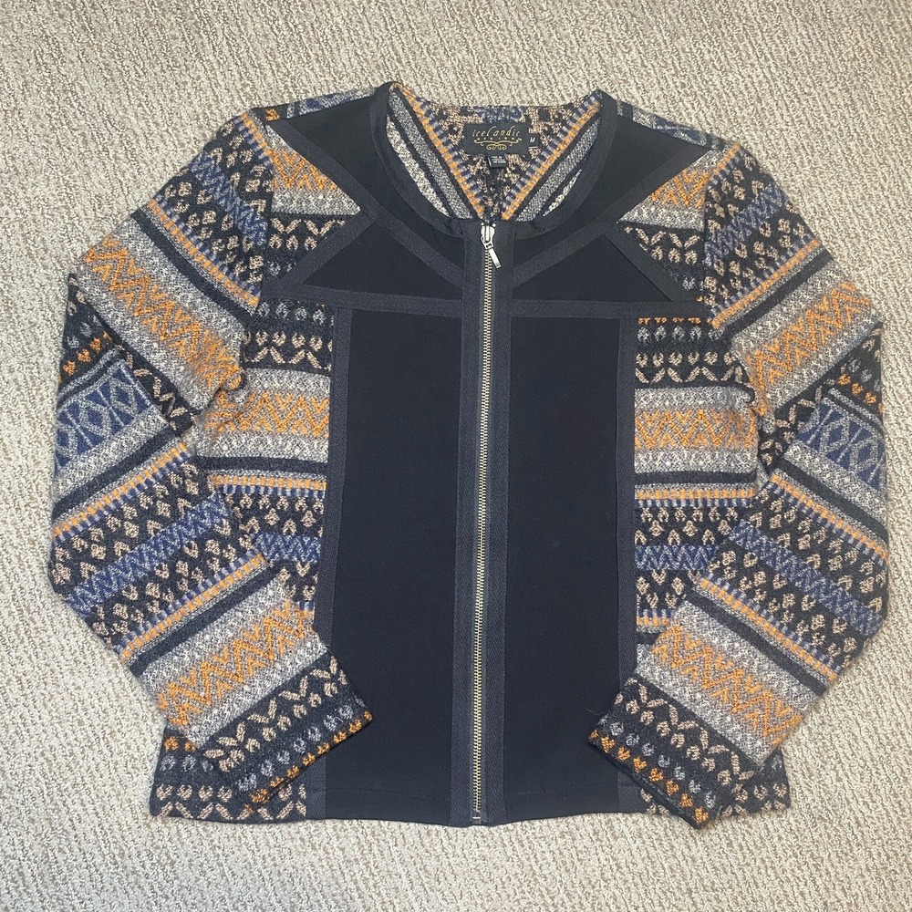 Icelandic Design Womens M Full Zip Sweater Jacket Fair Isle Nordic Wool Blend
